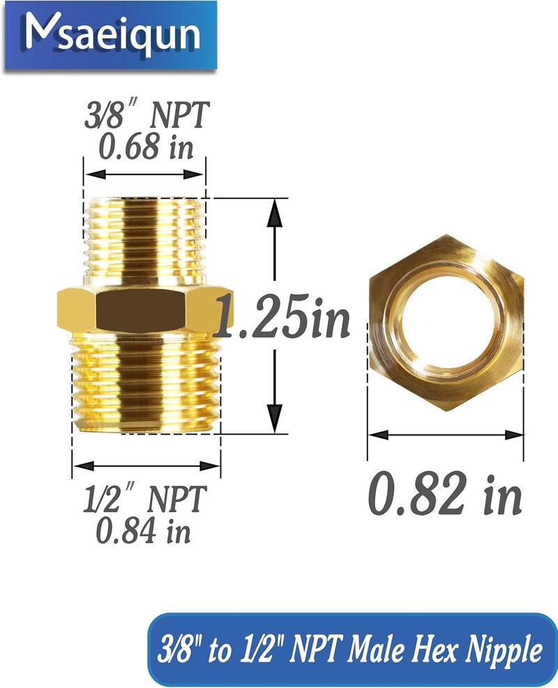 MSAEIQUN 5PCS 1/2 Inch Male Pipe x 3/8 Inch Male Pipe Solid Brass Threaded Straight Pipe Reducing Hex Nipple Fittings Extension Connector Adapter Coupling for Pipe Line/Oil/Gas - Image 2